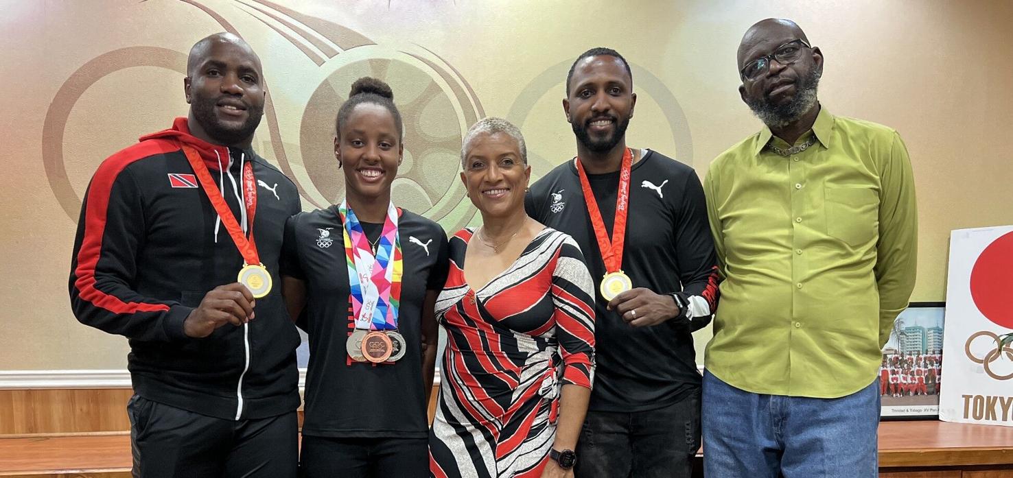 RECOGNITION TIME: From left are Emmanuel Callender (Olympic gold medallist), Jamiah Harley (national swimmer), Diane Henderson (Trinidad and Tobago Olympic Committee president), Richard Thompson  @Caption:(Olympic gold medallist) and the father of national swimmer Aqell Joseph, following a virtual press conference yesterday to announce the TTOC’s latest medal bonus recipients.