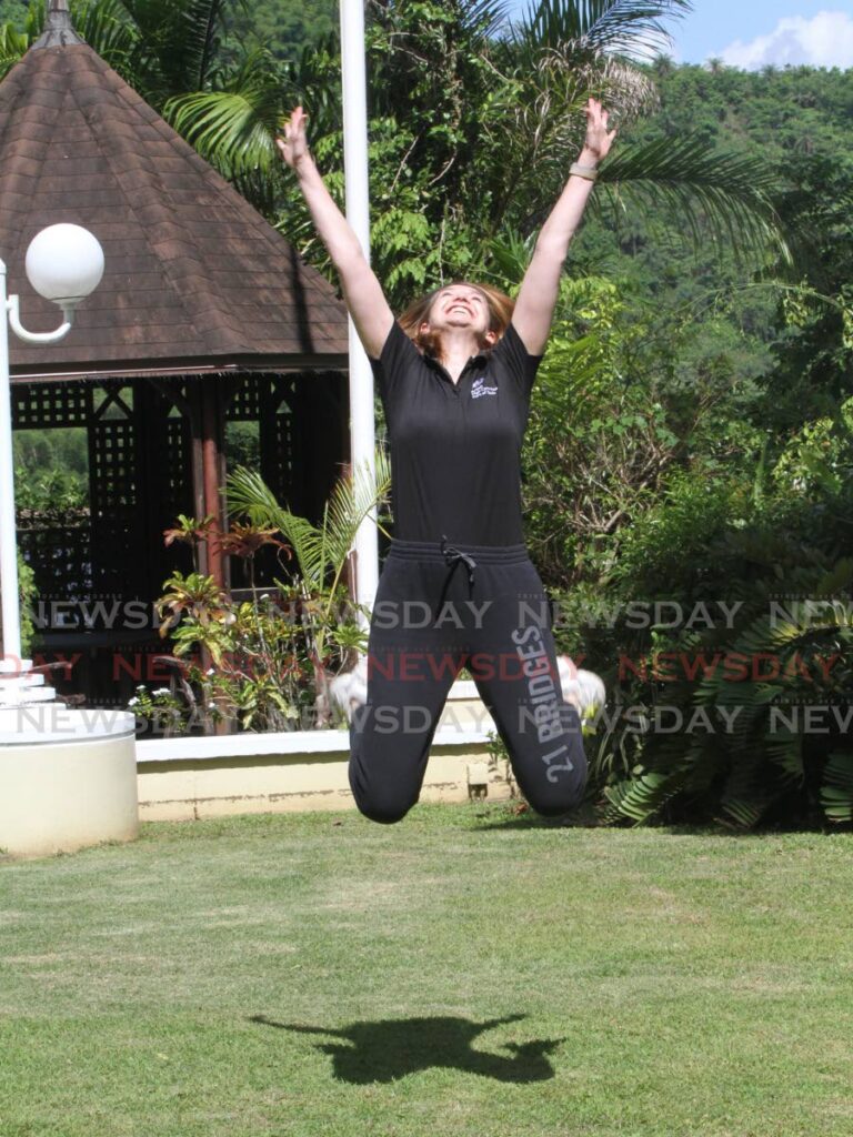 READY FOR THE GAMES: British High Commissioner Harriet Cross shows her athleticism, at her Beaumont Avenue, Maraval residence. - ANGELO MARCELLE (Image obtained at newsday.co.tt)