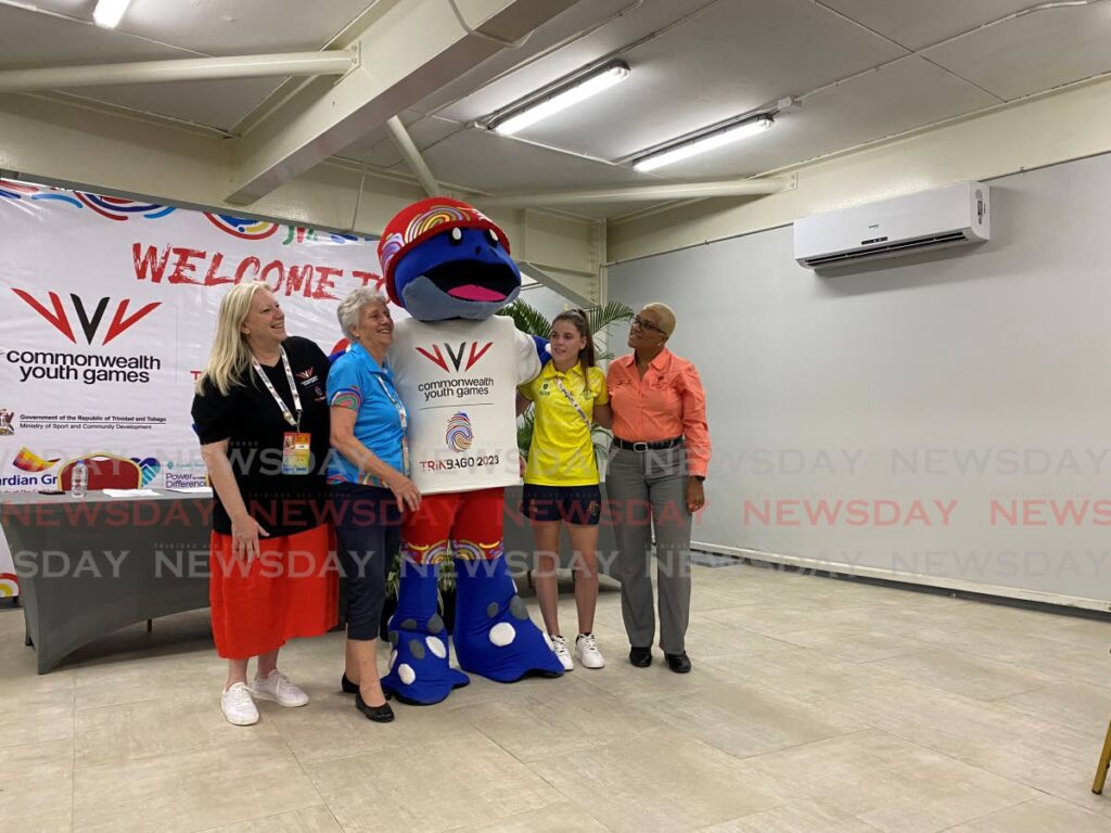 Commonwealth Youth Games 2023 mascot Cocoyea (centre) poses with (from left) CEO of the Commonwealth Games Federation (CGF) Katie Sadleir, CGF president Dame Louise Martin, Australian para-athlete Indiana Cooper and TT Olympic Comittee president Diane Henderson. - Photo by Narissa Fraser (Image obtained at newsday.co.tt)