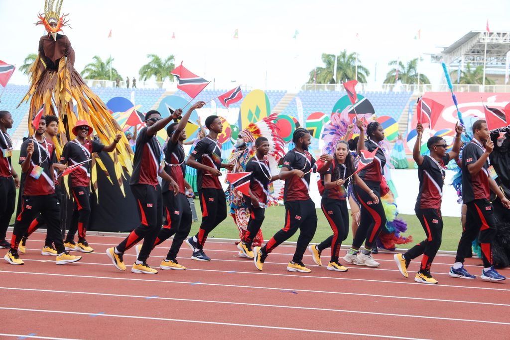 Members of the Trinidad and Tobago team parade during the Opening Ceremony of the 2023 Commonwealth Youth Games at the Hasley Crawford Stadium, Port-of-Spain, yesterday.  NICOLE DRAYTON (Image obtained at guardian.co.tt)