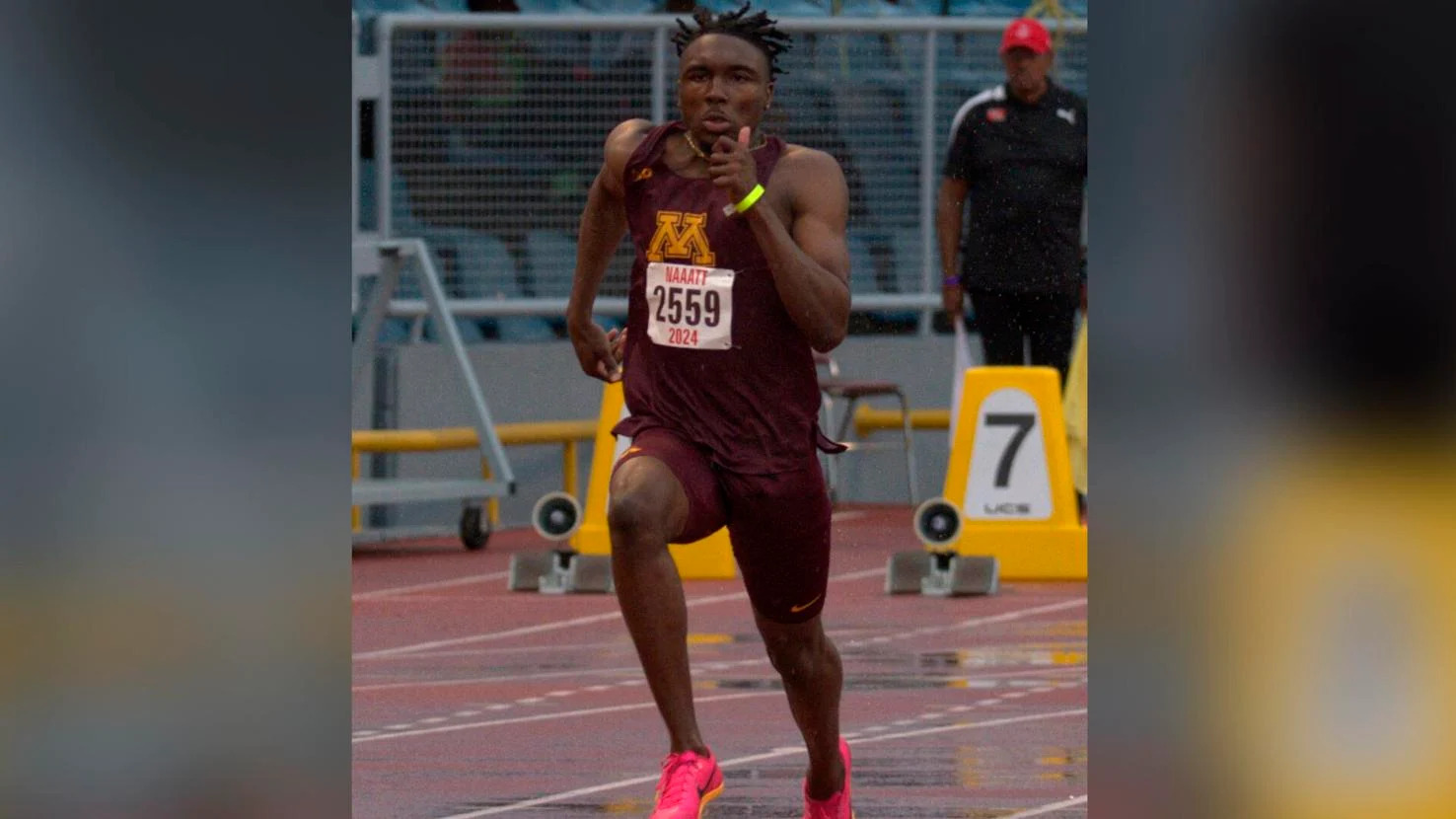 NATIONAL CHAMPION: Devin Augustine, en route to a successful defence of his NGC/NAAATT National Championship men’s 100 metres title at the Hasely Crawford Stadium, Mucurapo, on June 29.  —Photo: DENNIS ALLEN for @TTGameplan (Image obtained at trinidadexpress.com)