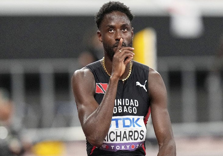 EXAMPLE TO ALL ATHLETES: Jereem Richards at the World Athletics Championships in Tokyo, Japan, last week. —Photos: AP (Image obtained at trinidadexpress.com)